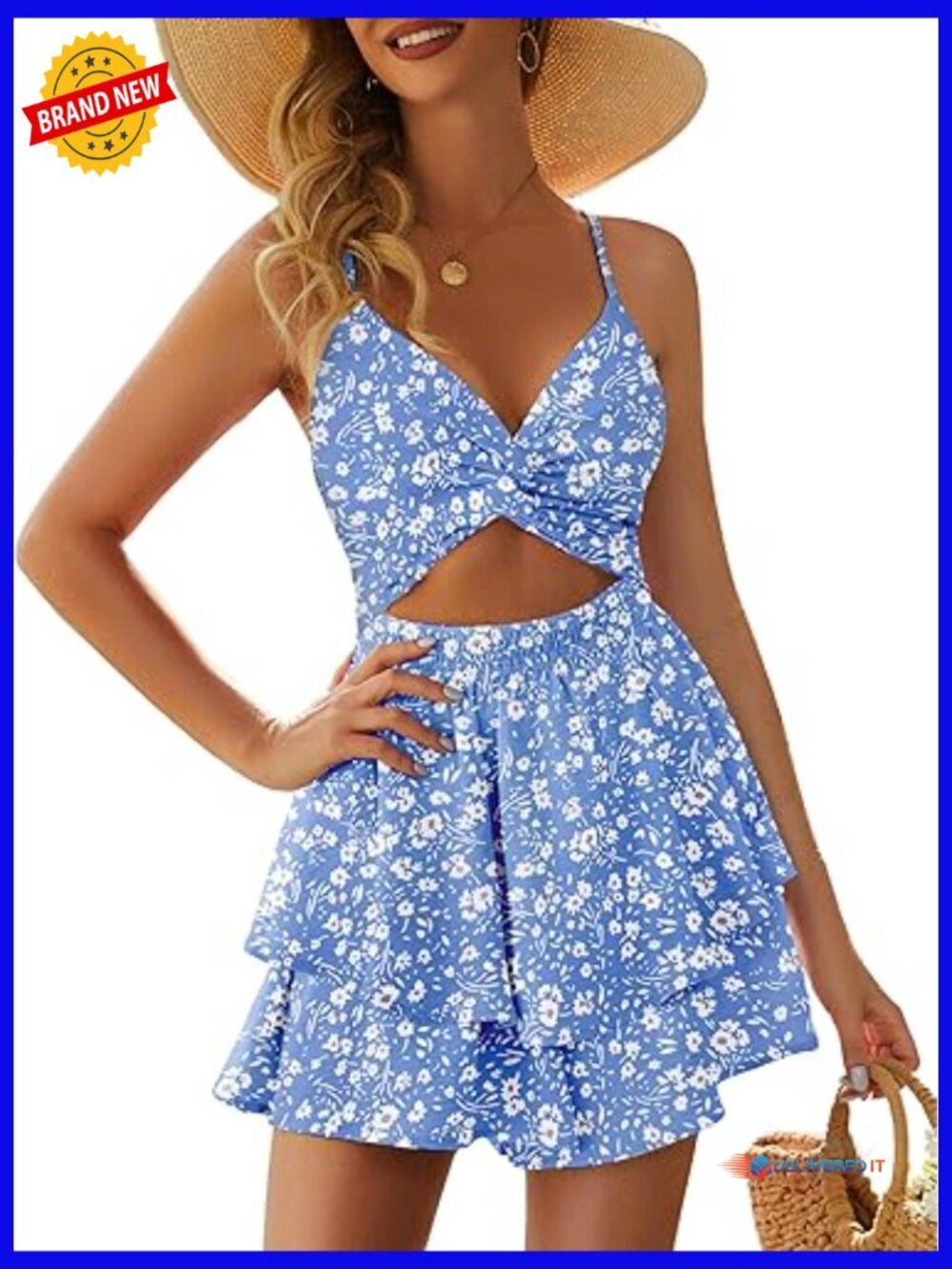 Sexy V Neck Twist Romper Spaghetti Straps Ruffle Hem Double Layer Mini Jumpsuit